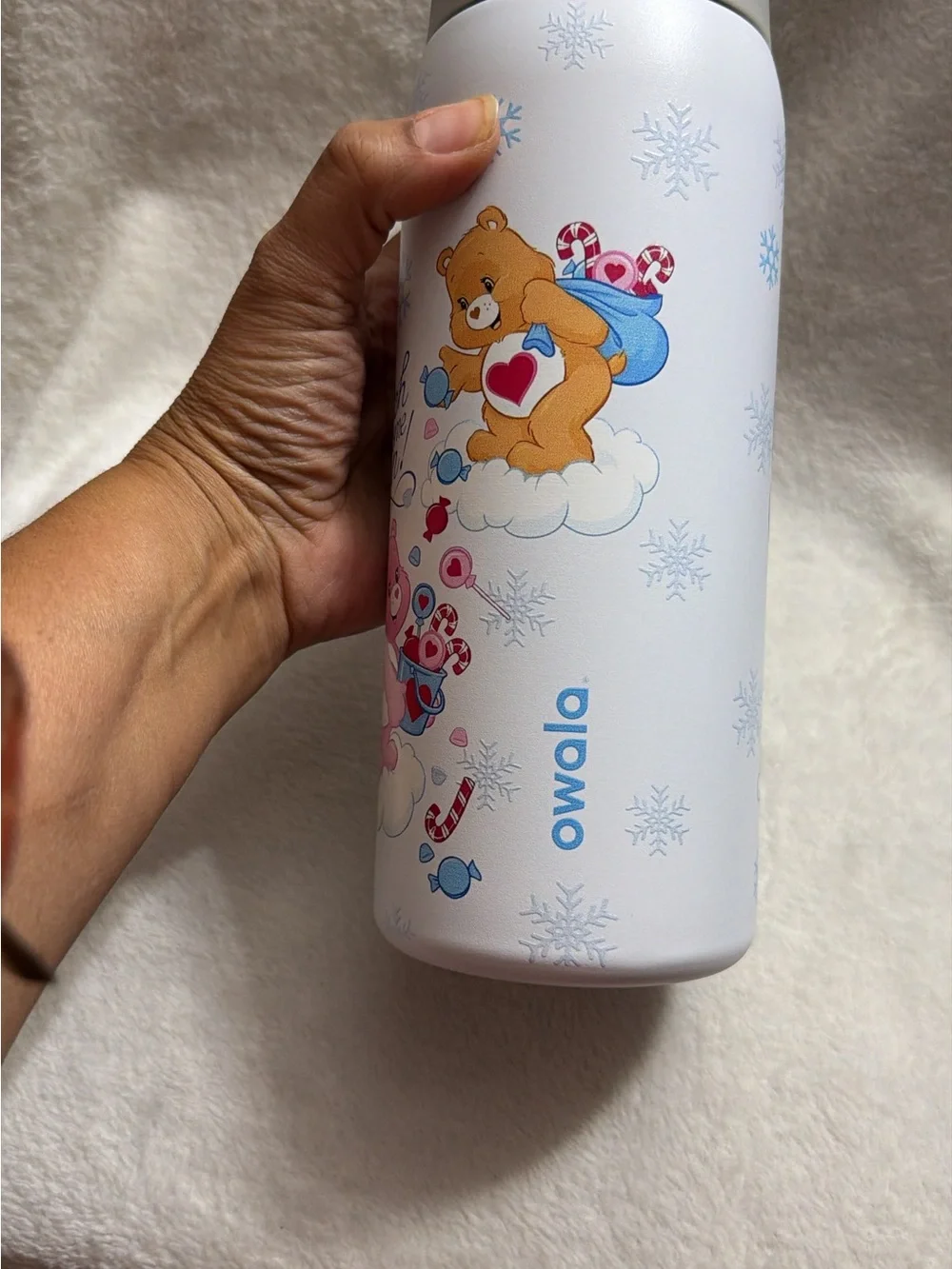 Thermal Kids Water Bottle - White with Pink & Brown Bear Design
